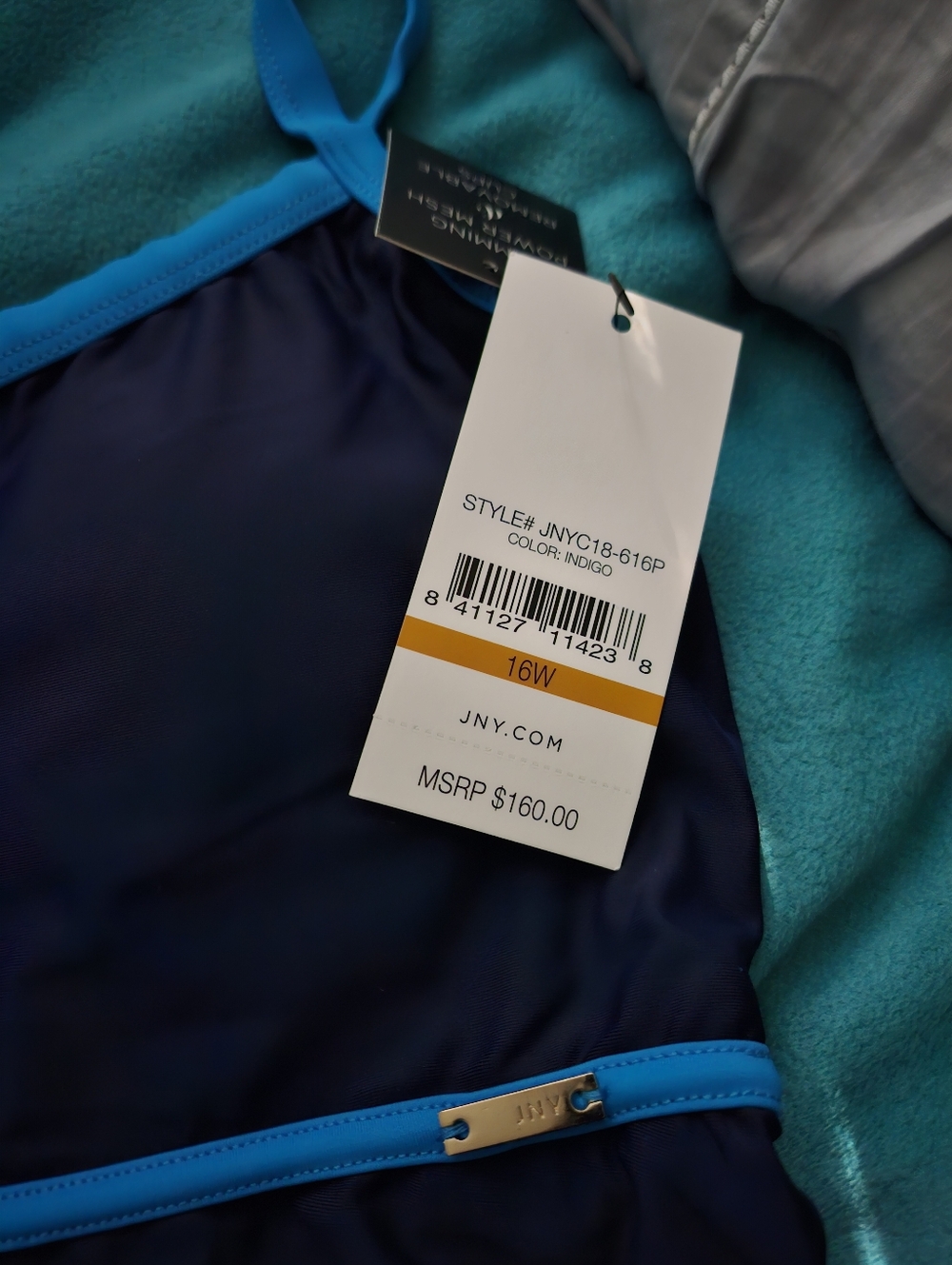NWT Jones New York Plus Size Navy and Aqua Lace-Back Swimsuit Sizes 16W 18W 20W - Picture 4 of 6